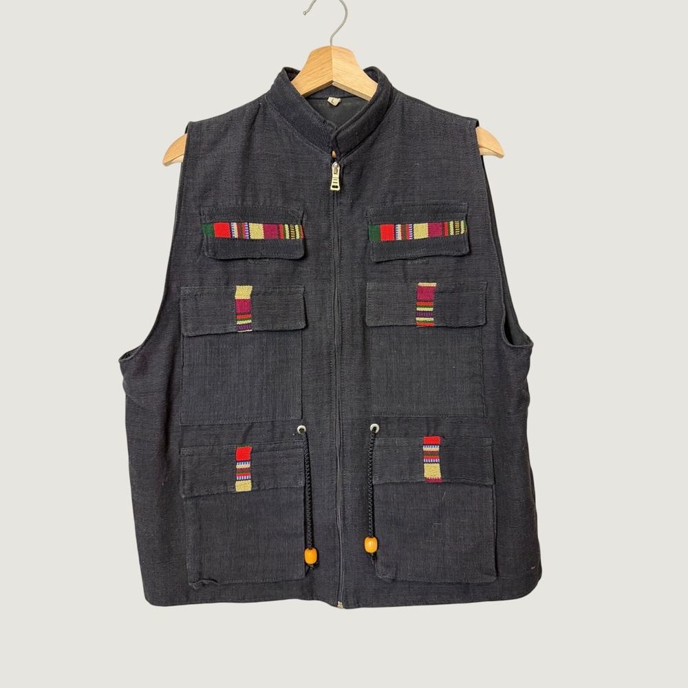 Unbranded Multi Pocket Utility Vest Black‎ Woven Tribal Accents Gorpcore Size L